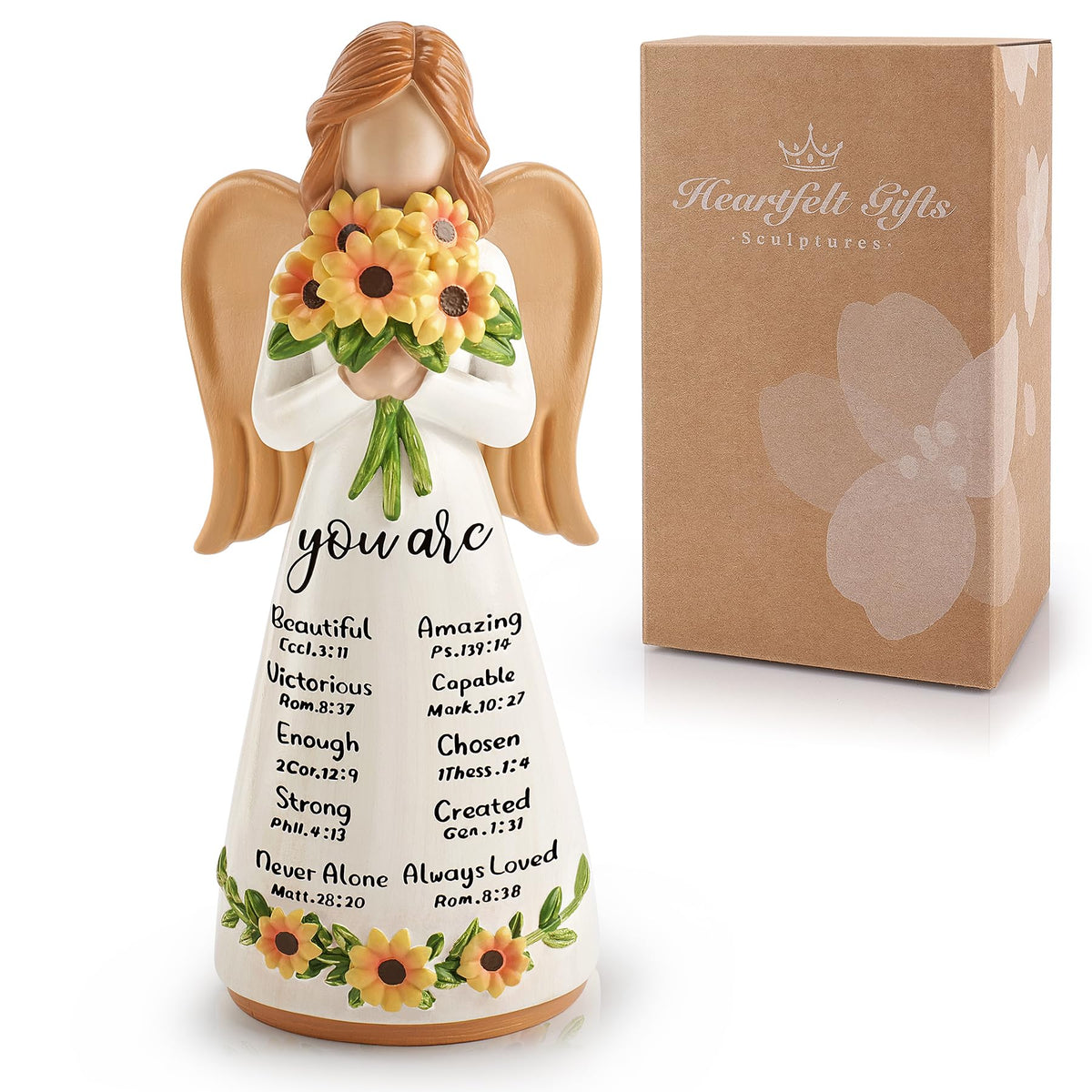 Fighting to Achieve Sunflower Angel statue holding sunflowers, uplifting home decor with spiritual meaning.