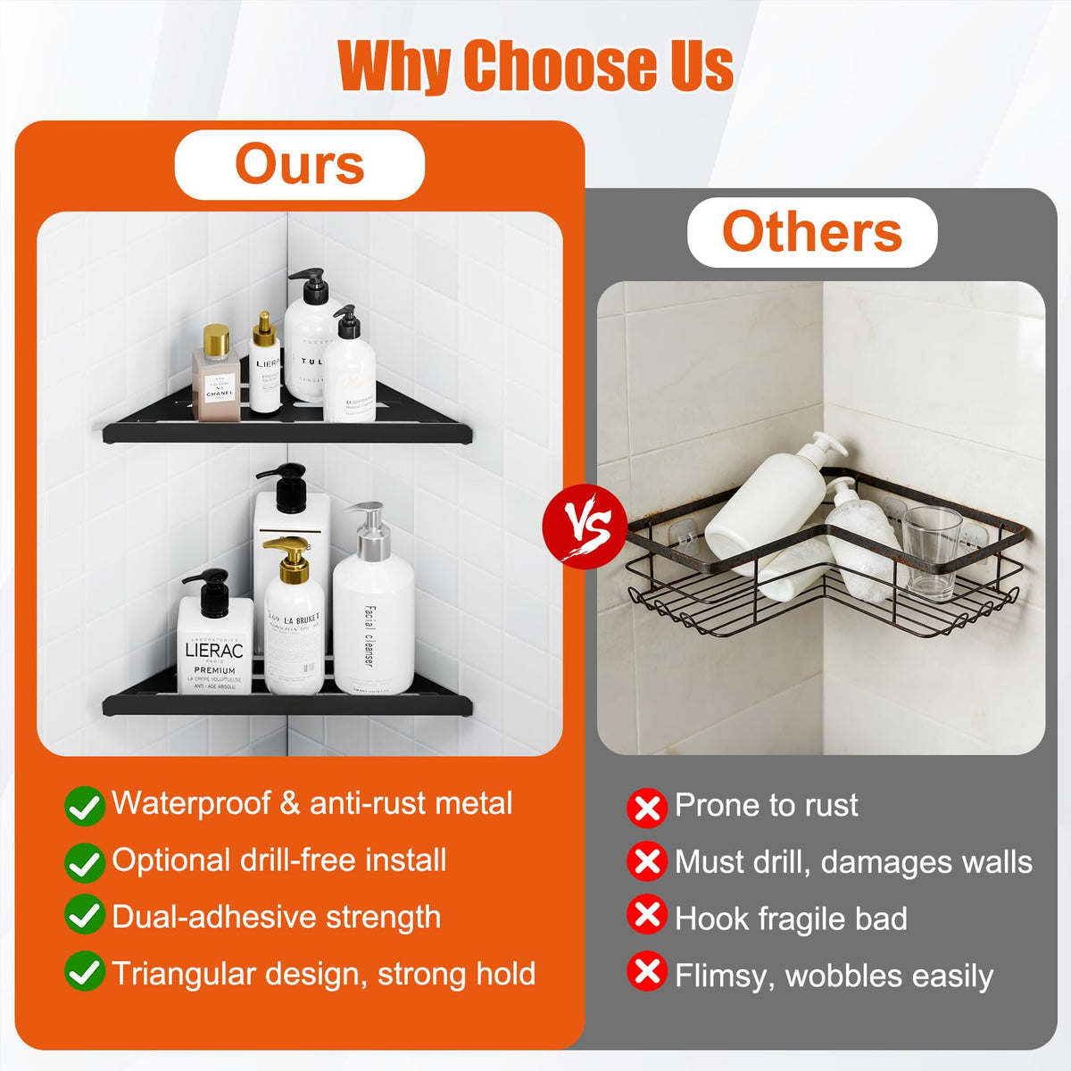 Fikoksol wall-mounted corner shelf shown in sleek black bathroom style.