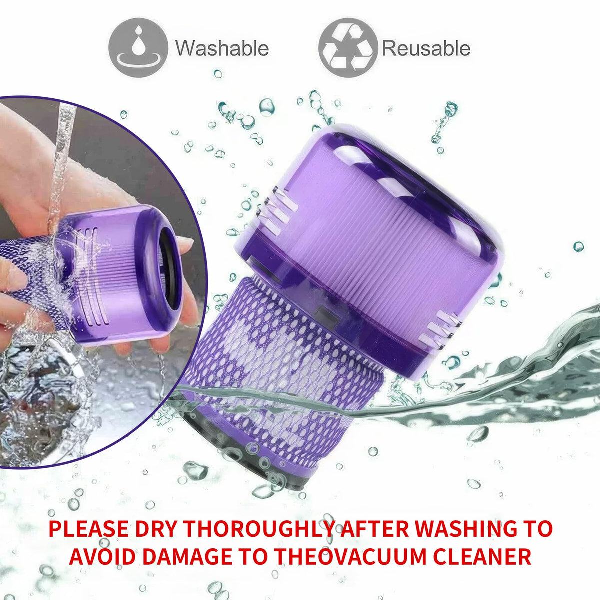 FilledwithLove Dyson V11 filter closeup showing washable, reusable design for long-term use.