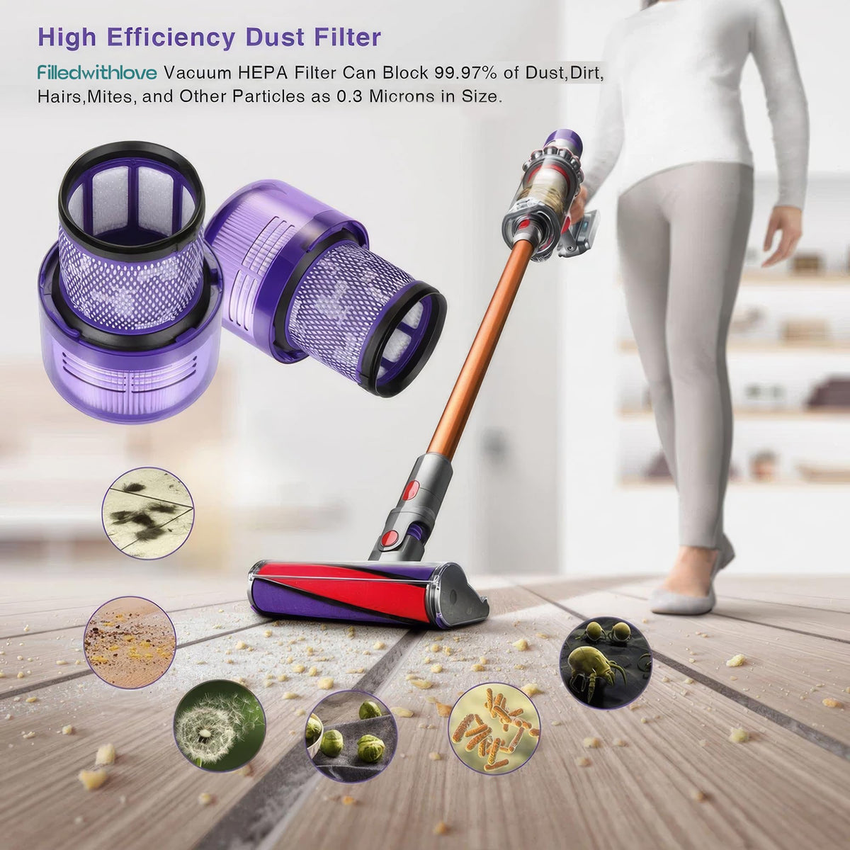 FilledwithLove packaging highlights model-ready compatibility details for Dyson filters.