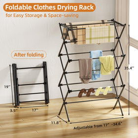 FILROUG 3-tier drying rack fully extended for towels and garments.