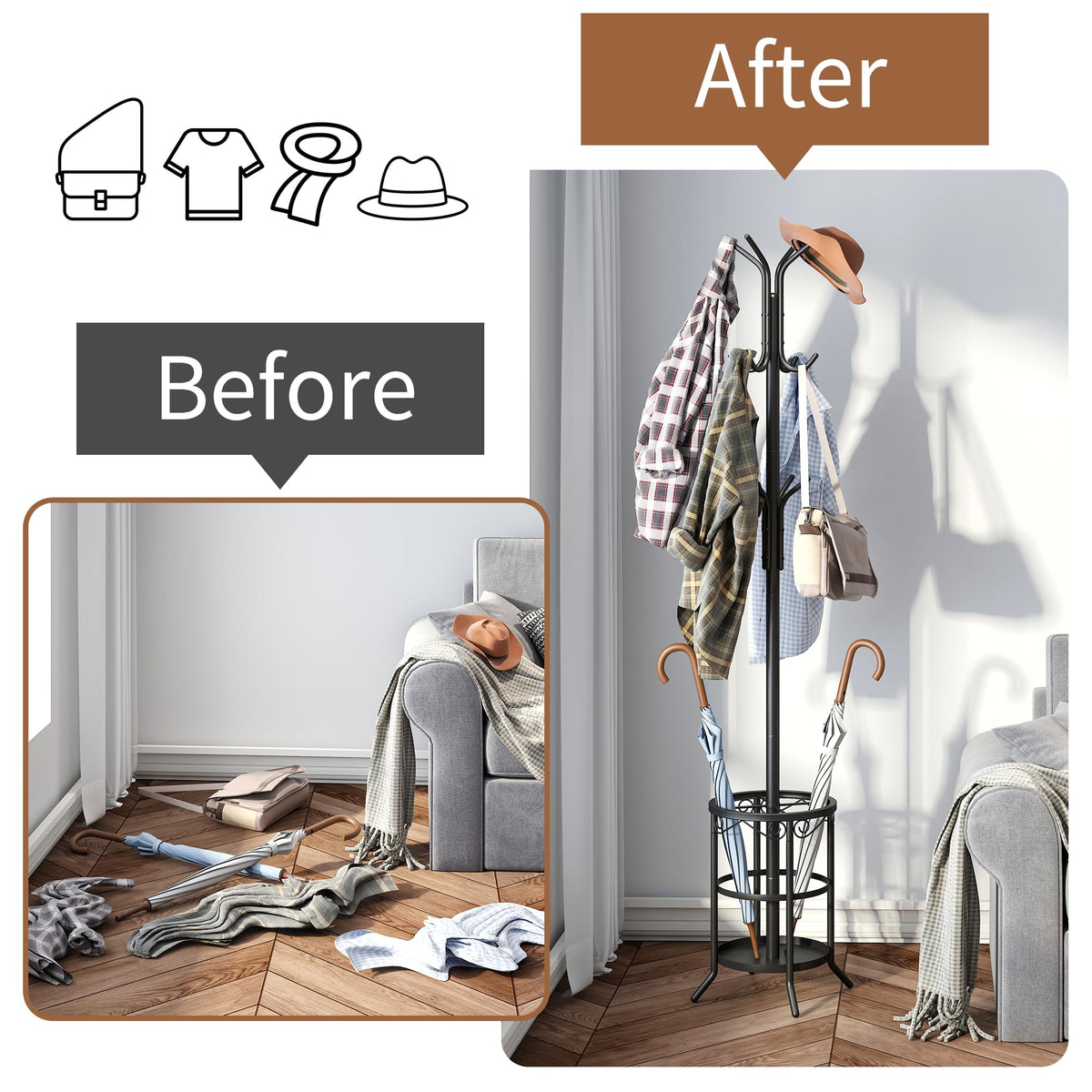 FILWH coat rack close-up finish shows smooth polished metal that cleans easily.