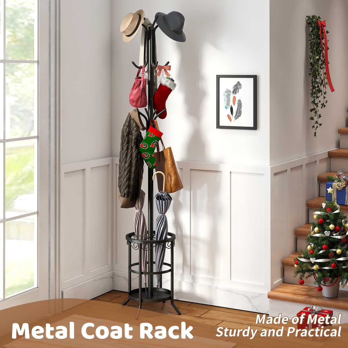 FILWH coat rack twelve hooks metal design maximizes storage for coats, bags, and hats.