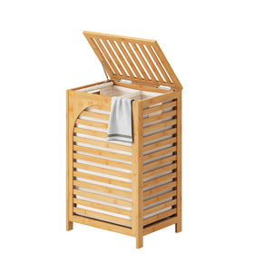FILWH laundry hamper with lid showing clean design and natural bamboo finish for tidy storage.