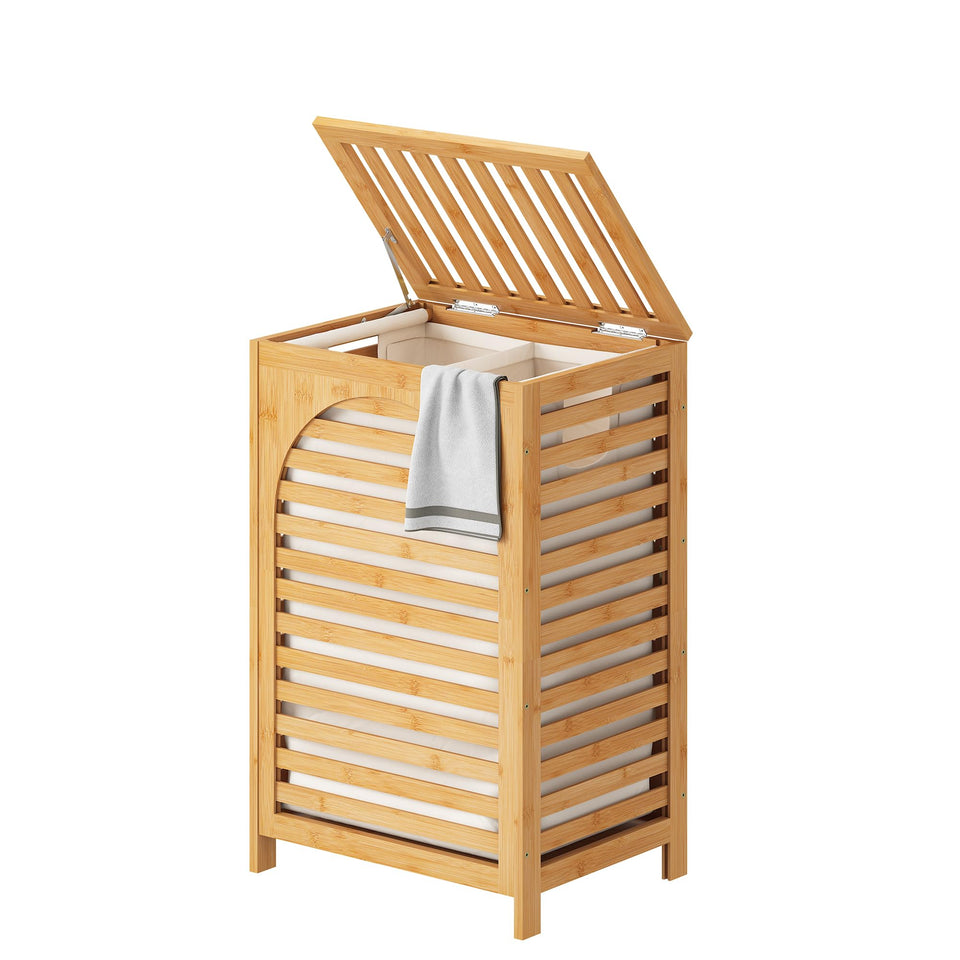 FILWH laundry hamper with lid showing clean design and natural bamboo finish for tidy storage.