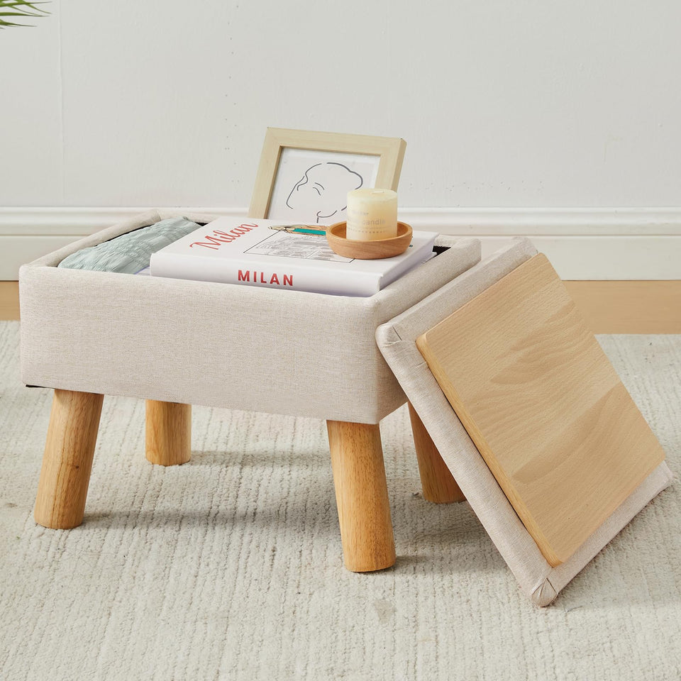 FIMIVIBI storage ottoman in beige with linen surface offers cozy seating and footrest.