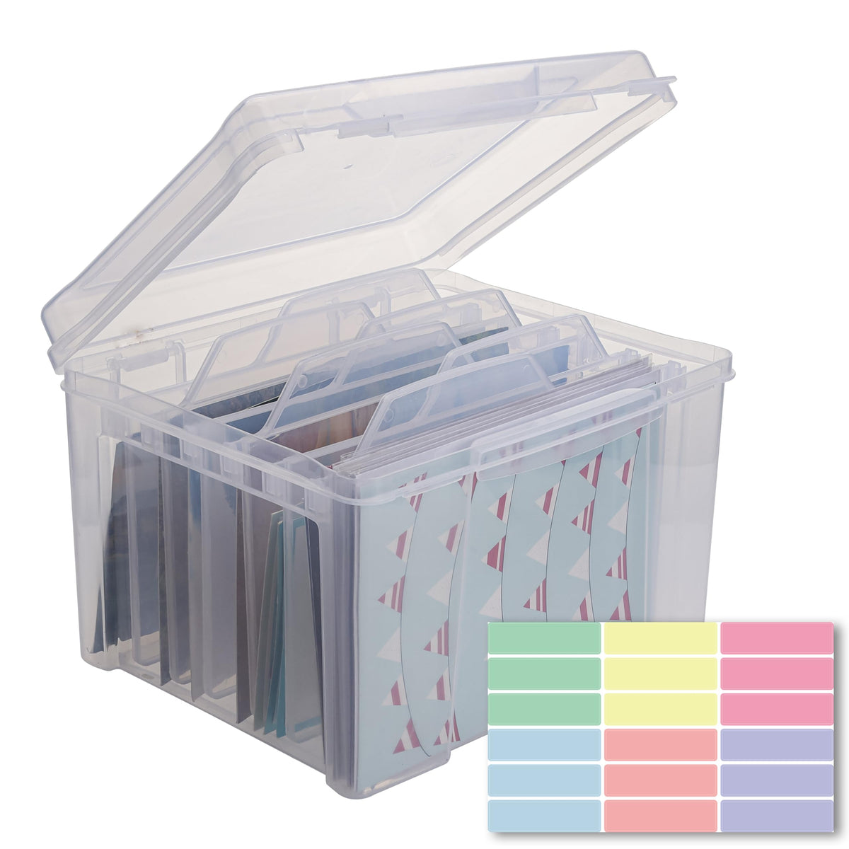 Find Scrapblooms card storage box with 6 removable dividers for organized greeting cards