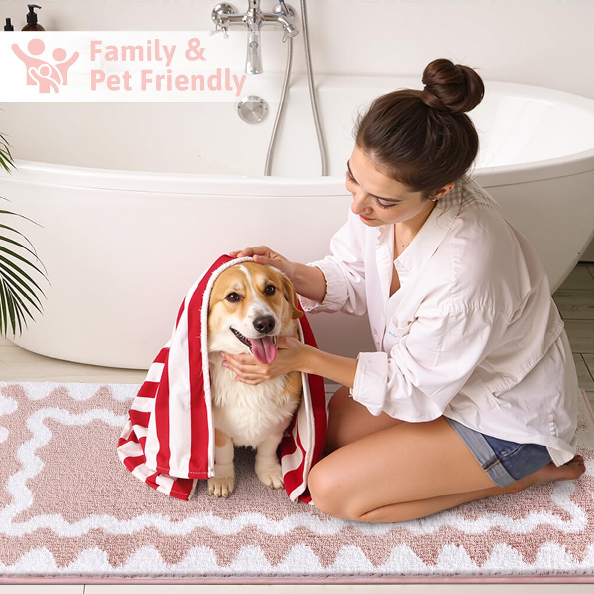Findosom pink bath mats 18x26 and 20x32 absorb moisture to keep tiles slip-free.