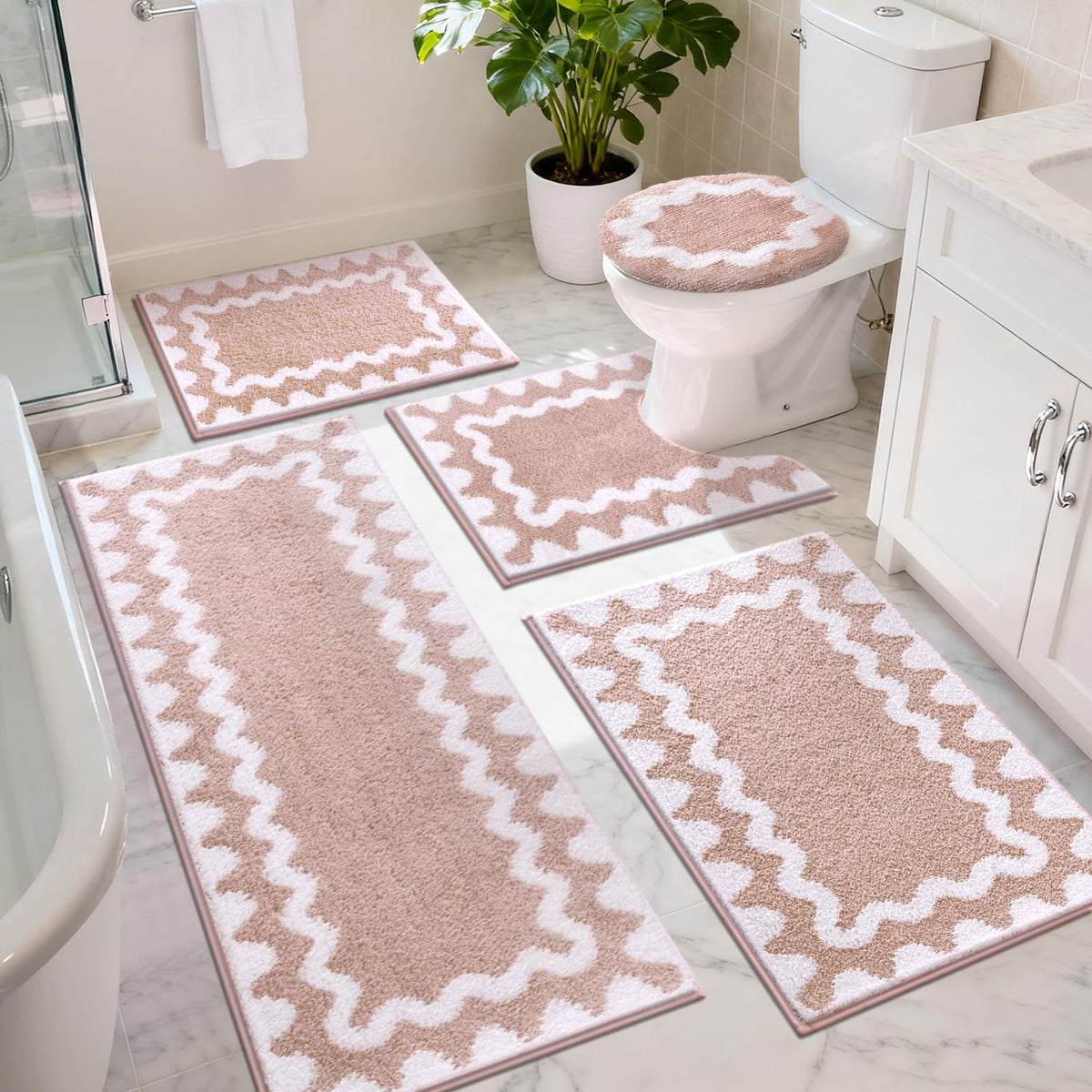 Findosom 5-piece bathroom rug set pink and white runner 20x48 for cozy, dry floors.