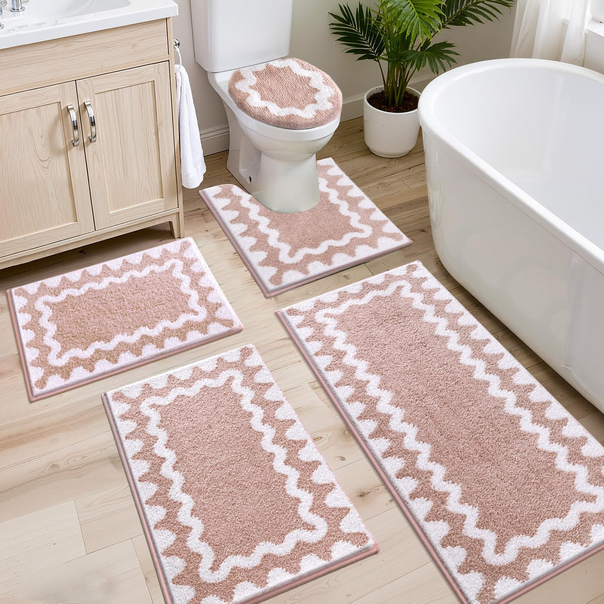 Findosom non-slip backing grips floors for safer stepping in busy bathrooms.