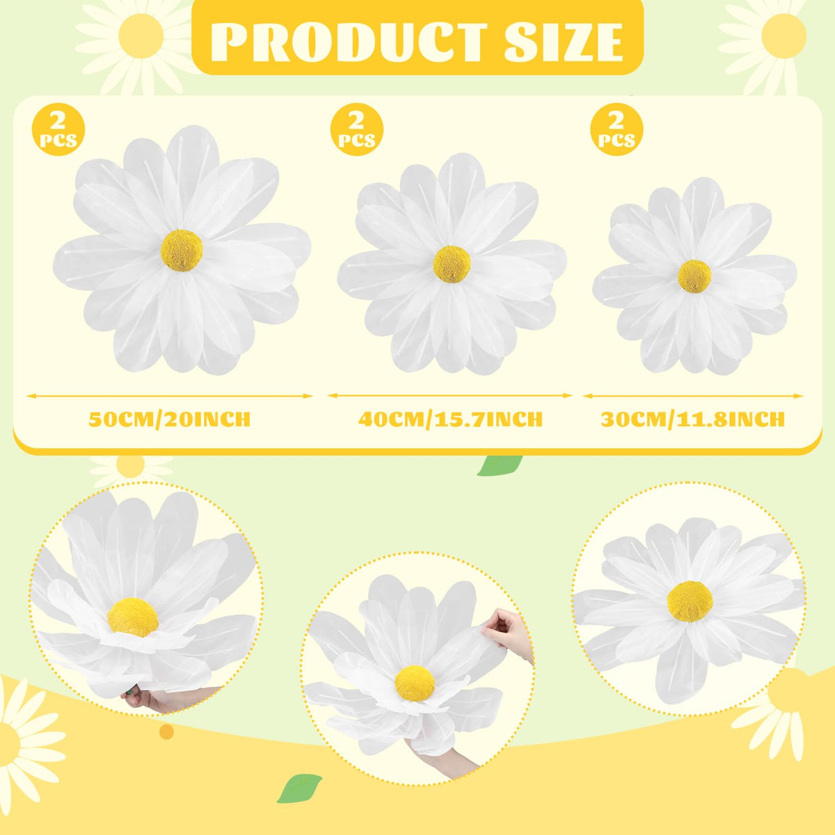FineCheer giant white daisy 12 inch close up shows silk petals and lifelike stamens