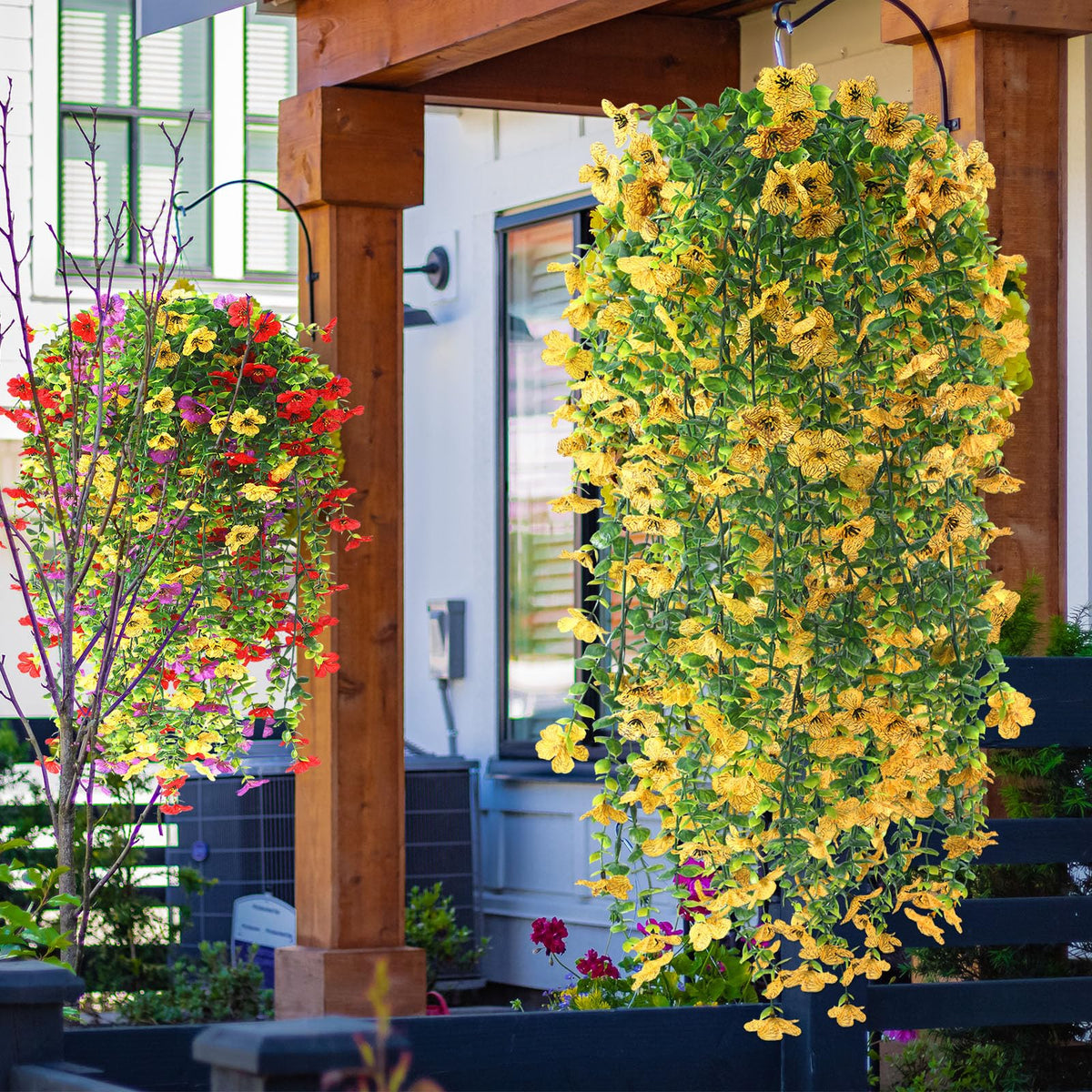 FineCheer faux silk mums provide UV resistant color without maintenance on balconies.