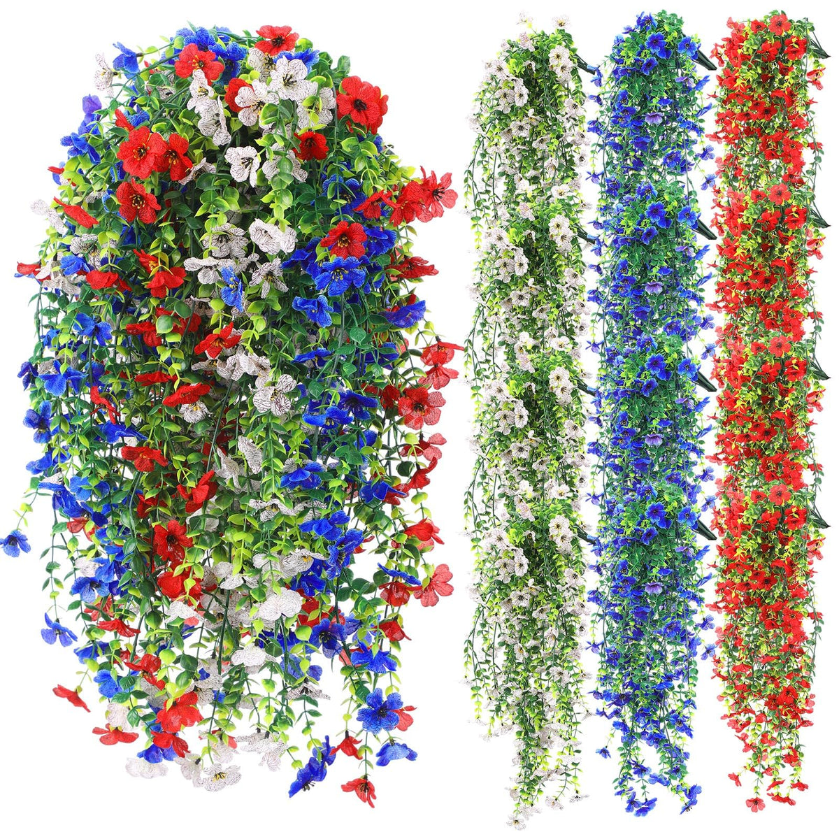 FineCheer patriotic hanging flowers in red white blue bundles for outdoor decor.