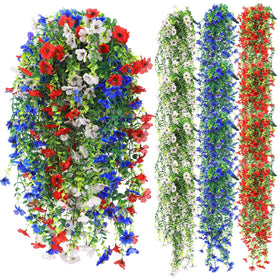 FineCheer patriotic hanging flowers in red white blue bundles for outdoor decor.