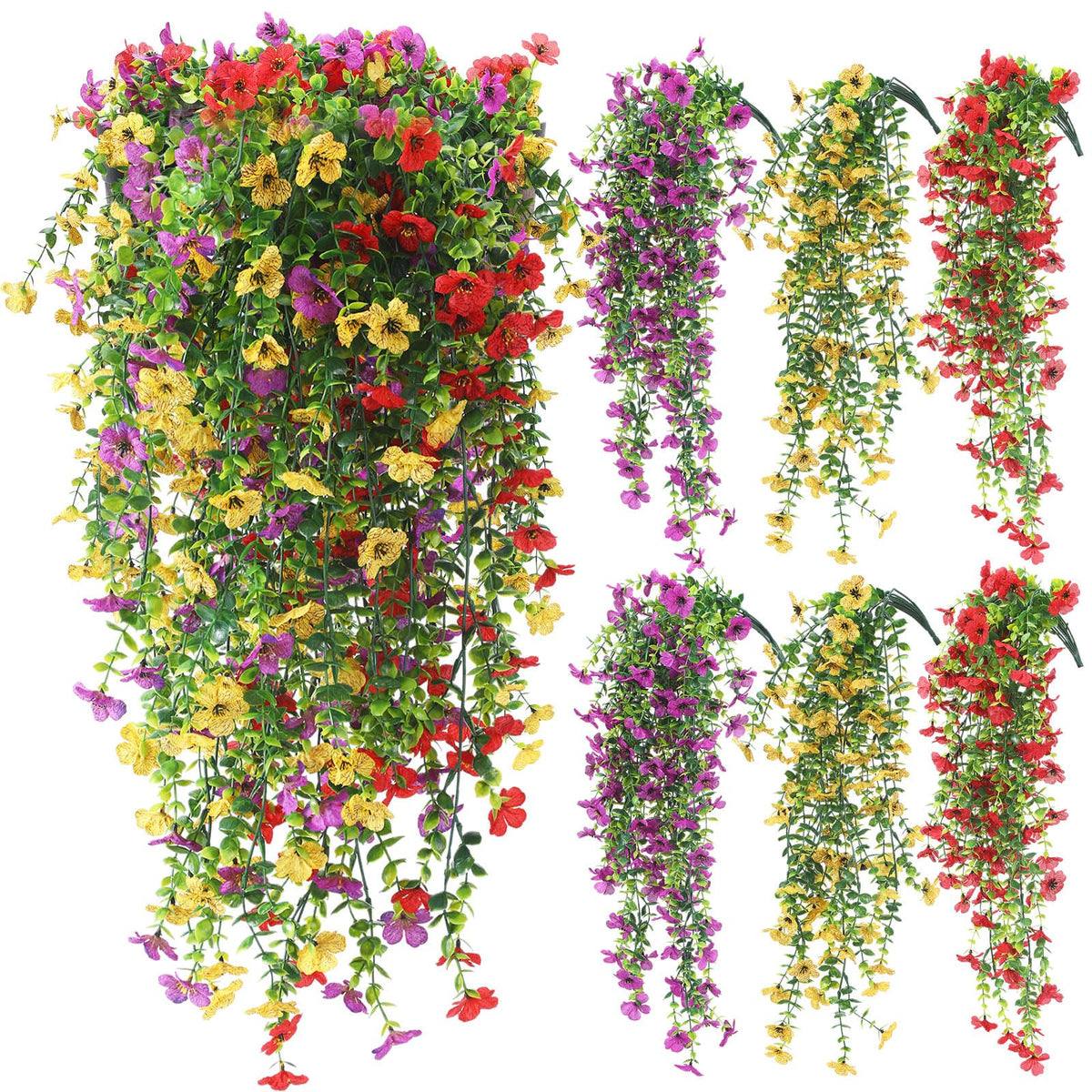 FineCheer violet hanging flowers with eucalyptus offer a lifelike bloom for outdoor porch decor.