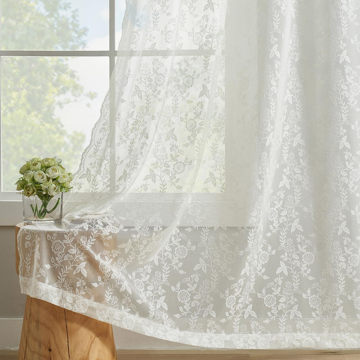 FineCITY ivory lace curtains in a bedroom set a romantic, dainty mood.