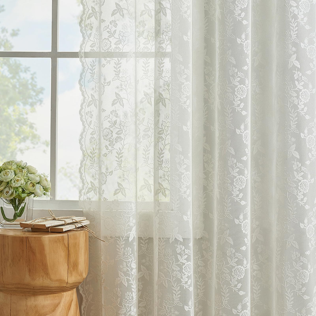 FineCITY ivory lace curtains highlight the dual-rod pocket design for simple hanging.