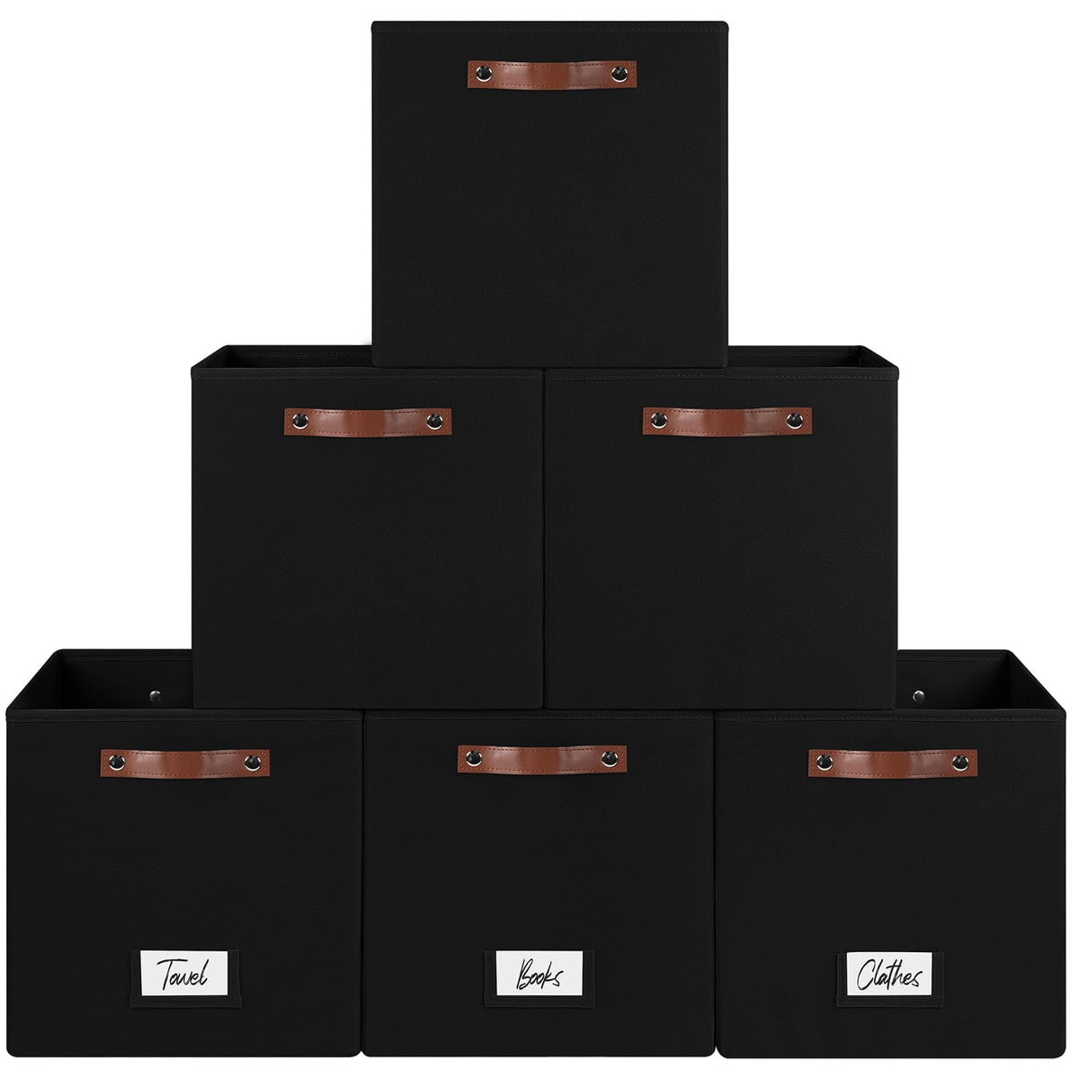 FinishingBo 6-pack storage cubes with handles and label holders on a shelf for easy organization.