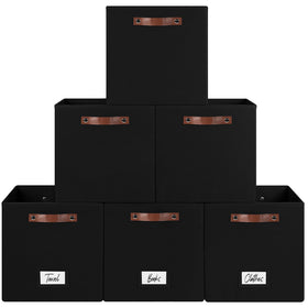 FinishingBo 6-pack storage cubes with handles and label holders on a shelf for easy organization.