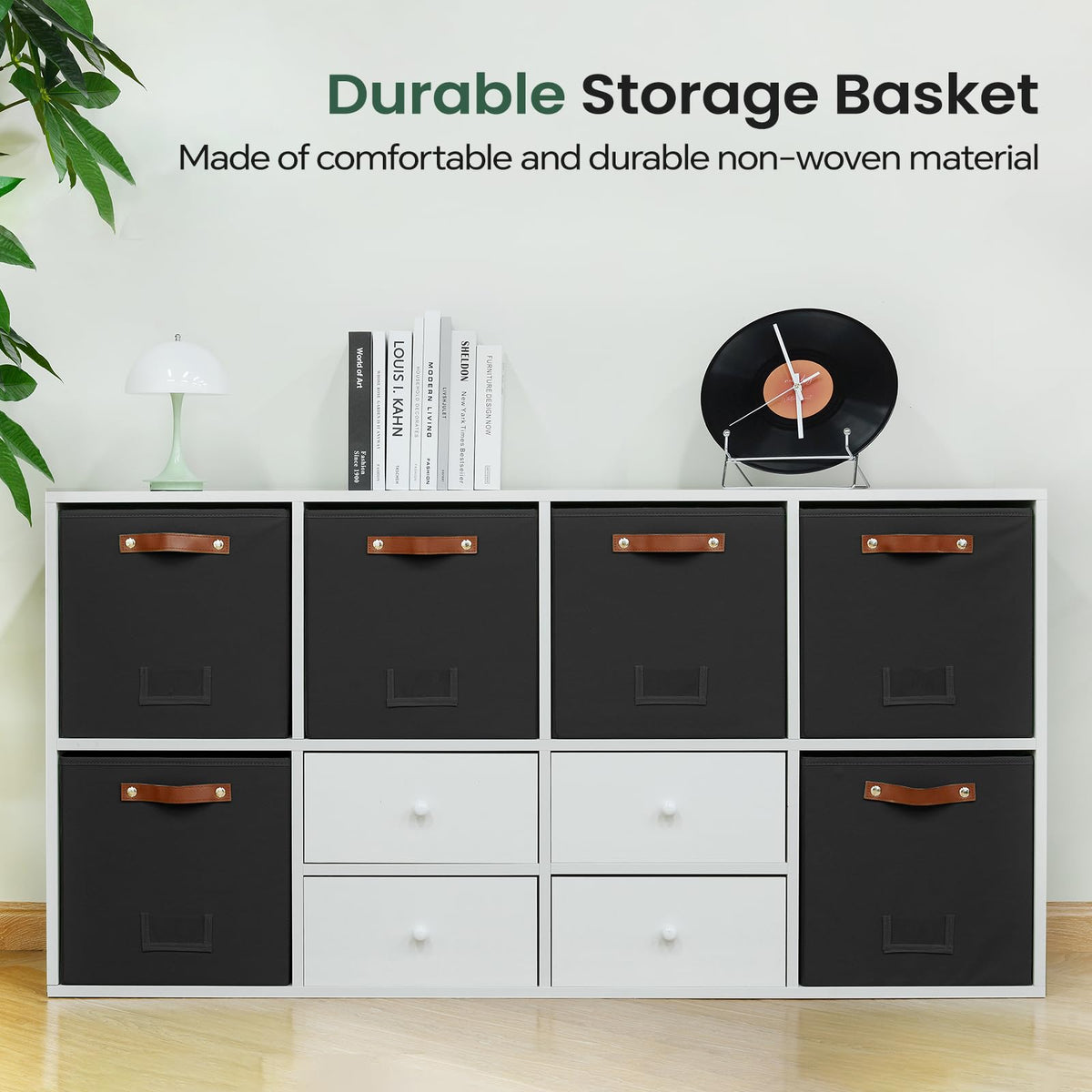 FinishingBo black storage cubes on a shelf with labels for quick finding.