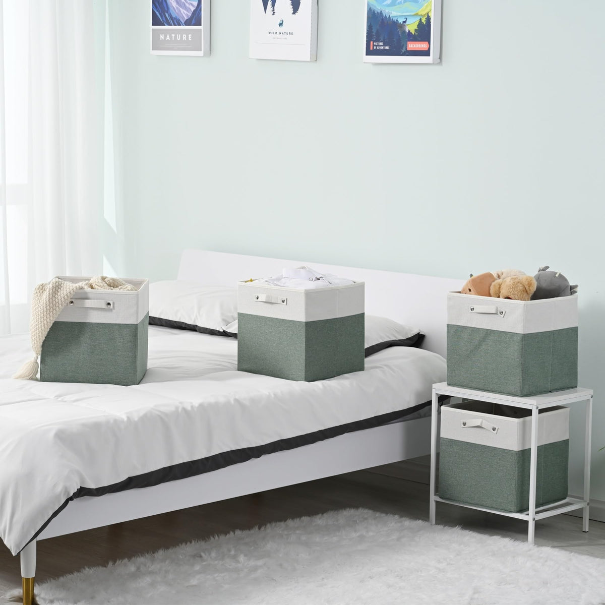 FinishingBo foldable linen storage bin with handles for easy portability and organization.