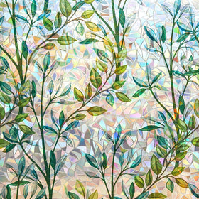 Finnez 3D leaf rainbow film creates decorative privacy and colorful light on glass.