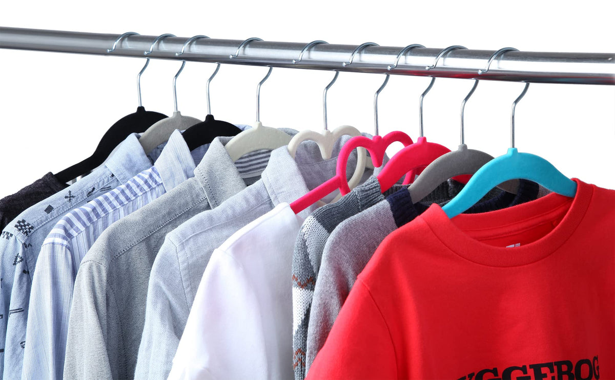 Finnhomy 11.6 by 7.7 inch hangers organize jackets and shirts efficiently.
