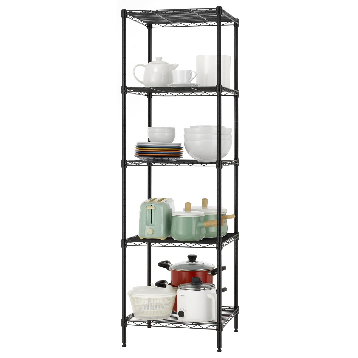 Finnhomy black finish resists rust on sturdy wire shelves.