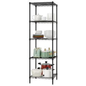 Finnhomy black finish resists rust on sturdy wire shelves.