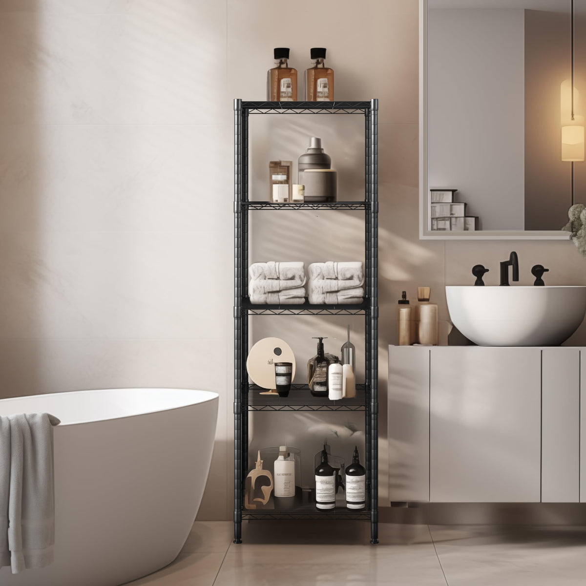 Finnhomy 5-tier shelving front view in black metal.