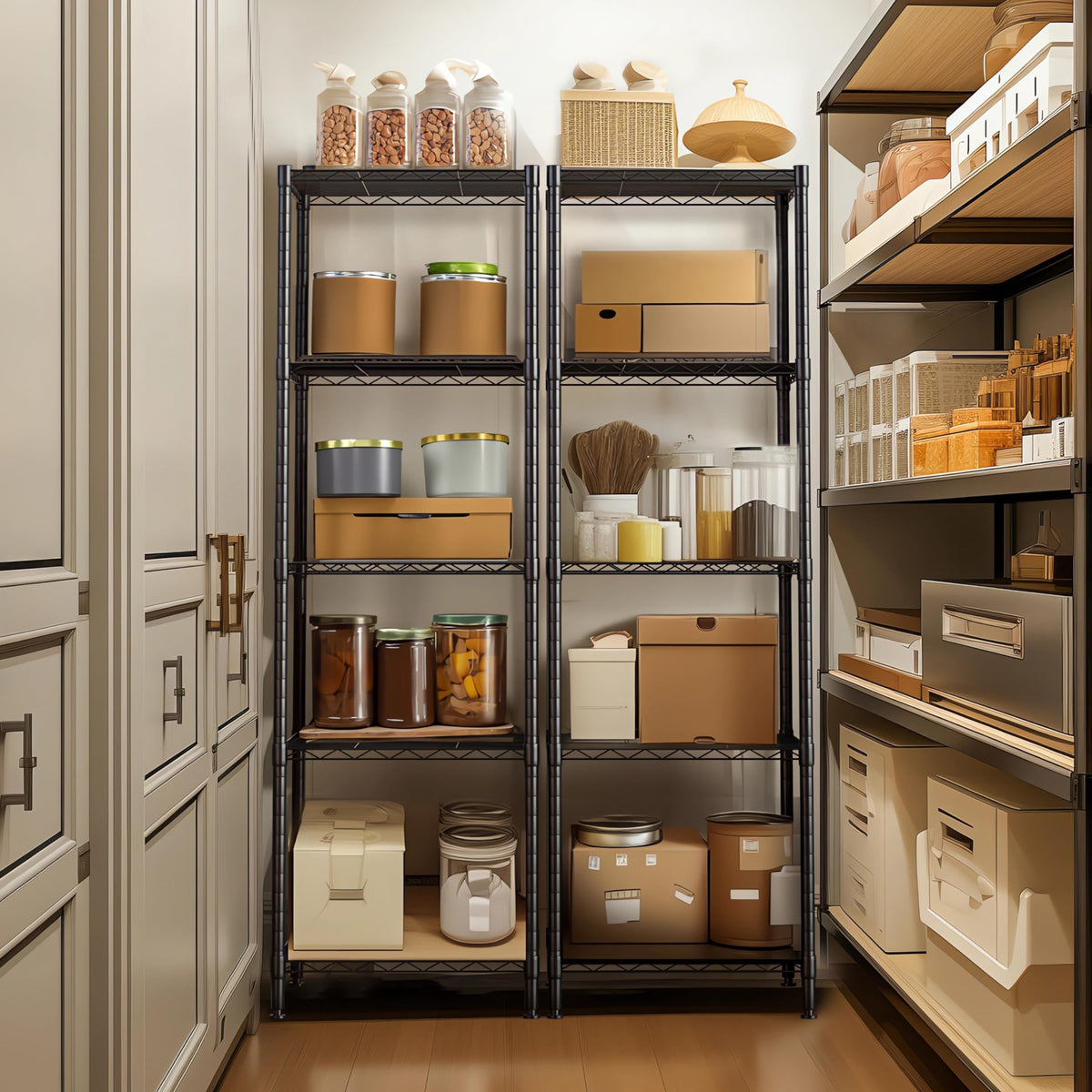 Finnhomy shelving unit in laundry room for cleaning supplies.