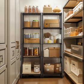 Finnhomy shelving unit in laundry room for cleaning supplies.