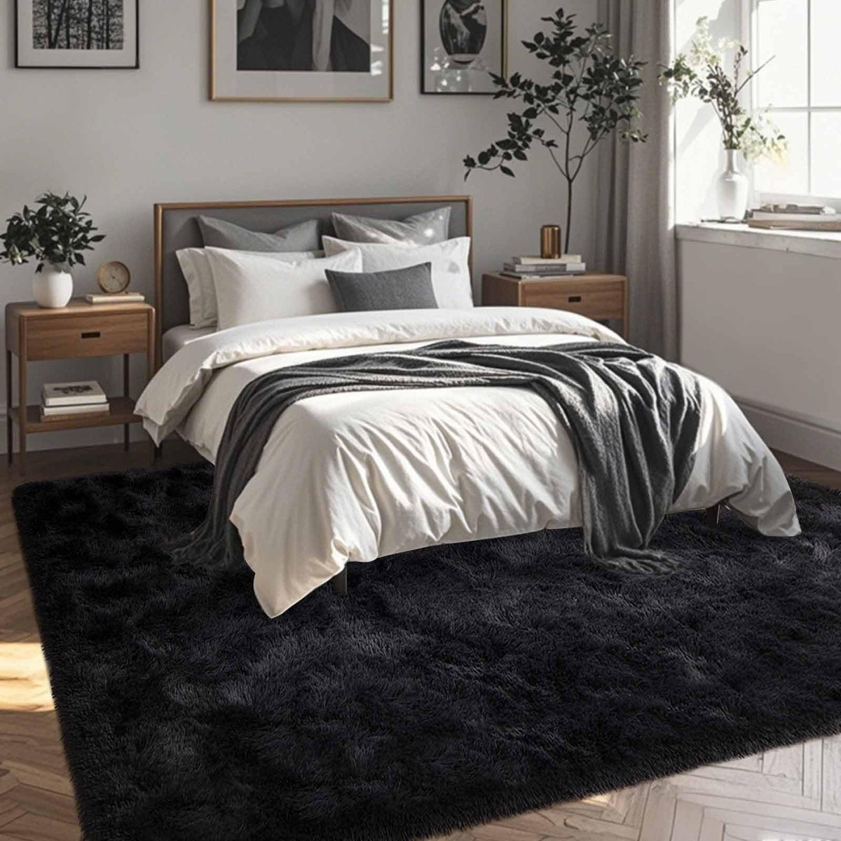 FinRec Home black fluffy shag rug in a bedroom with plush comfort