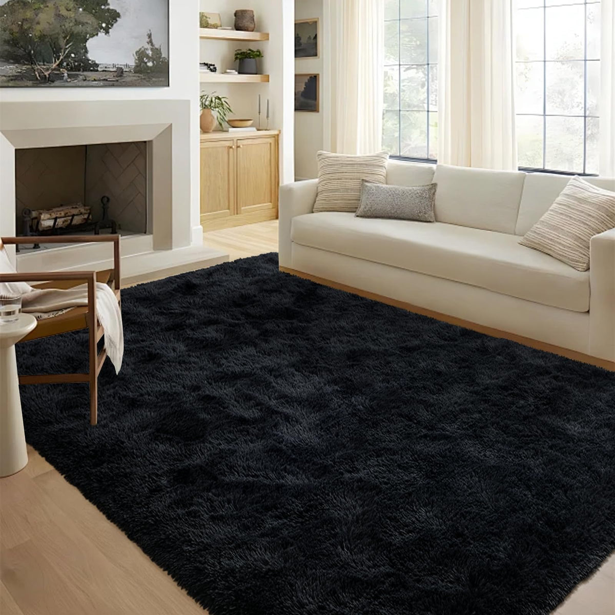 FinRec Home black fluffy shag rug in a living room for warm ambiance