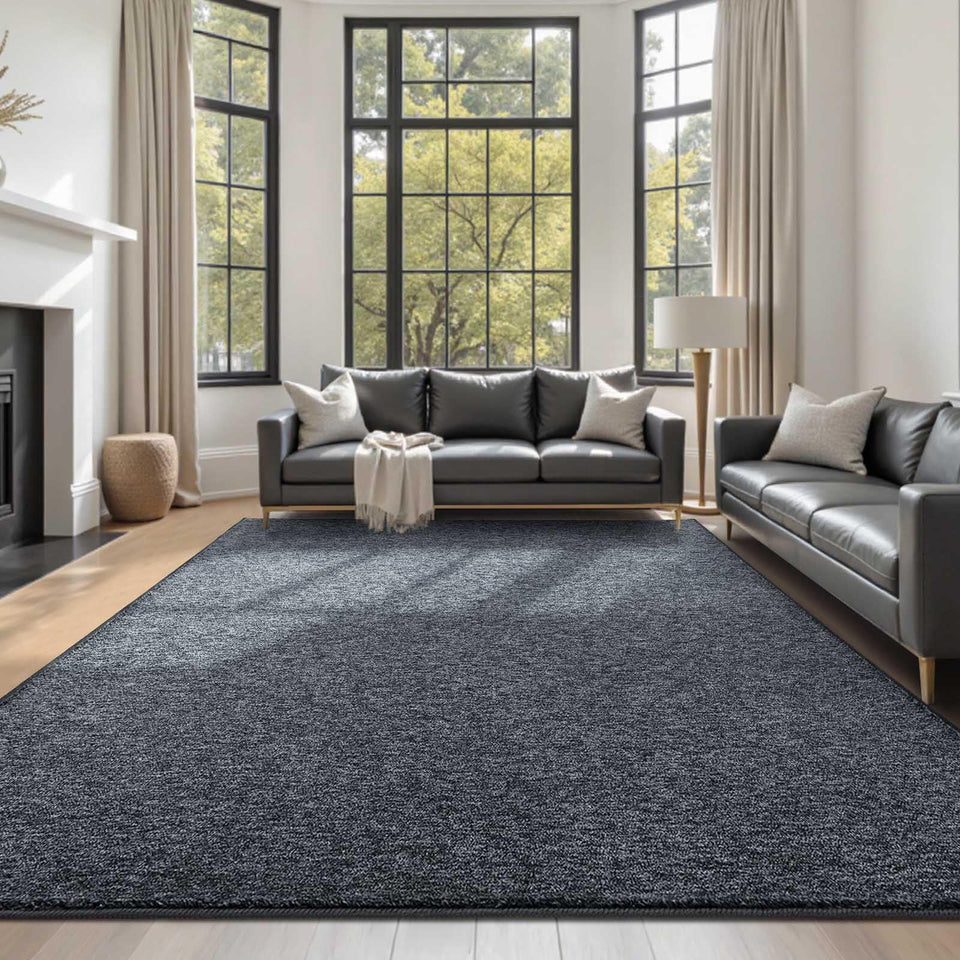 FinRèc Home 6x9 grey rug in living room provides soft underfoot comfort.