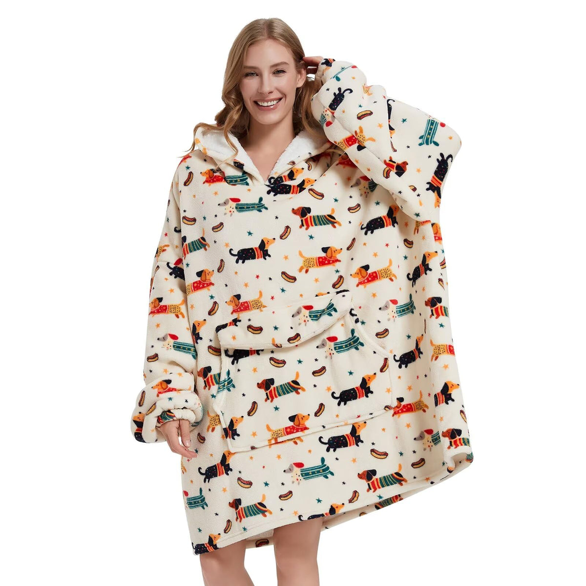 Fiosnow dachshund blanket hoodie full view highlighting cozy oversized warmth