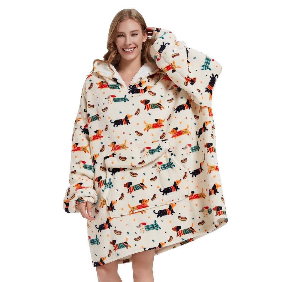 Fiosnow dachshund blanket hoodie full view highlighting cozy oversized warmth