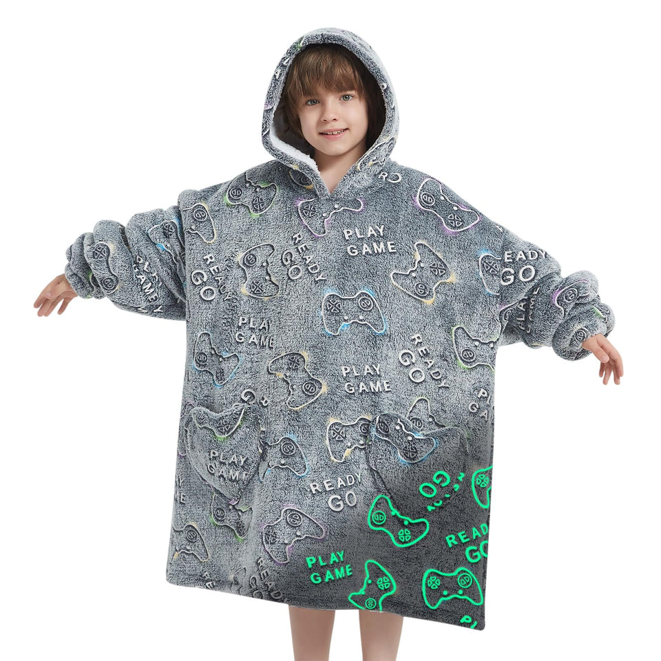 Fiosnow glow-in-the-dark hoodie for kids, cozy nighttime gaming warmth.