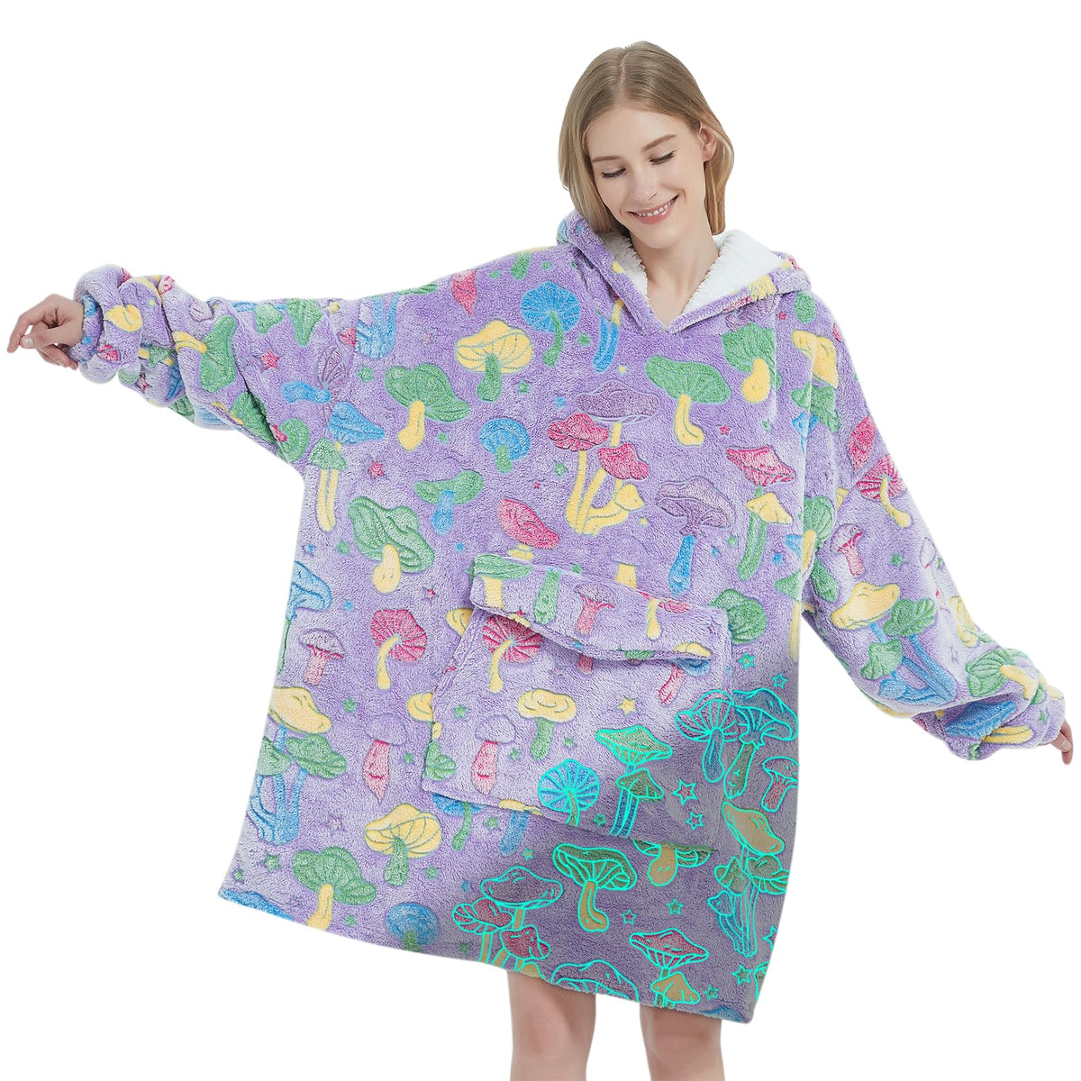 Fiosnow glow-in-the-dark mushroom blanket hoodie worn for cozy home lounging.