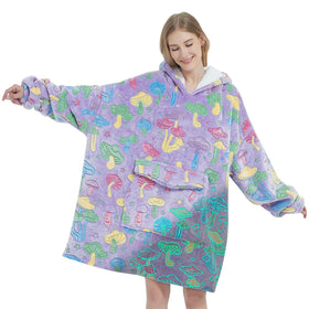 Fiosnow glow-in-the-dark mushroom blanket hoodie worn for cozy home lounging.