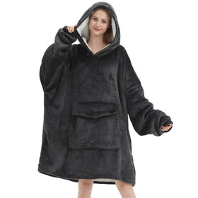 Fiosnow grey blanket hoodie front view on a model, showcasing cozy home wear.
