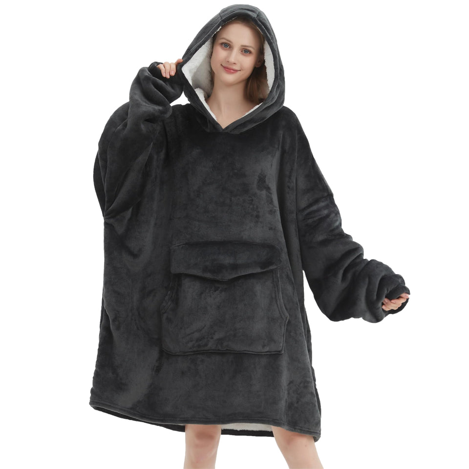 Fiosnow grey blanket hoodie front view on a model, showcasing cozy home wear.