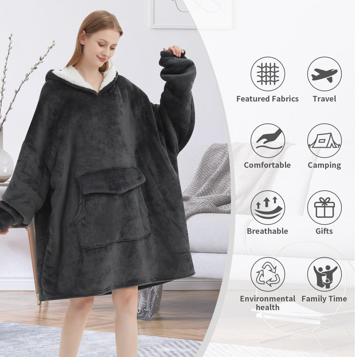 Fiosnow grey blanket hoodie with giant pocket for essentials.