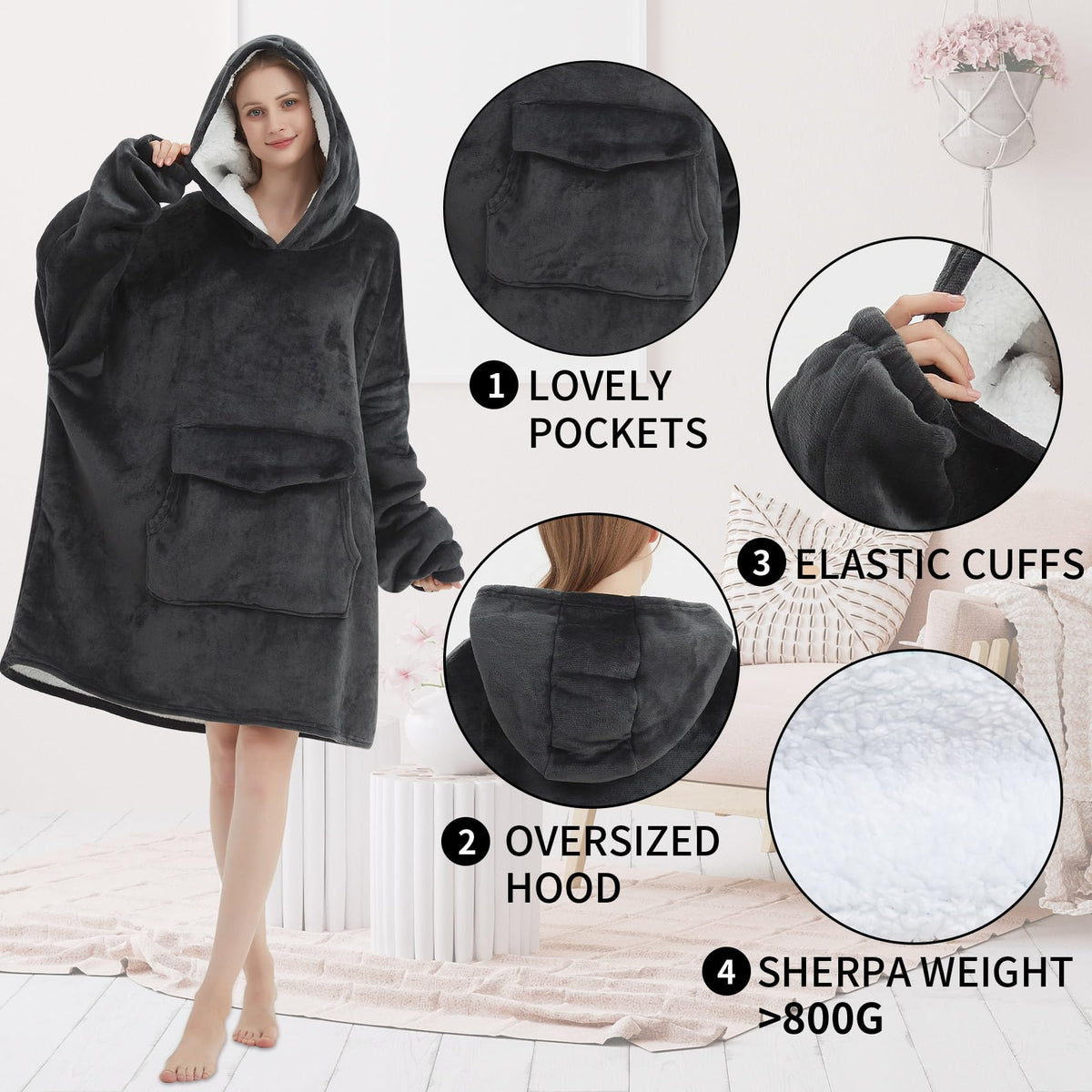 Fiosnow grey blanket hoodie being worn while lounging on a couch.