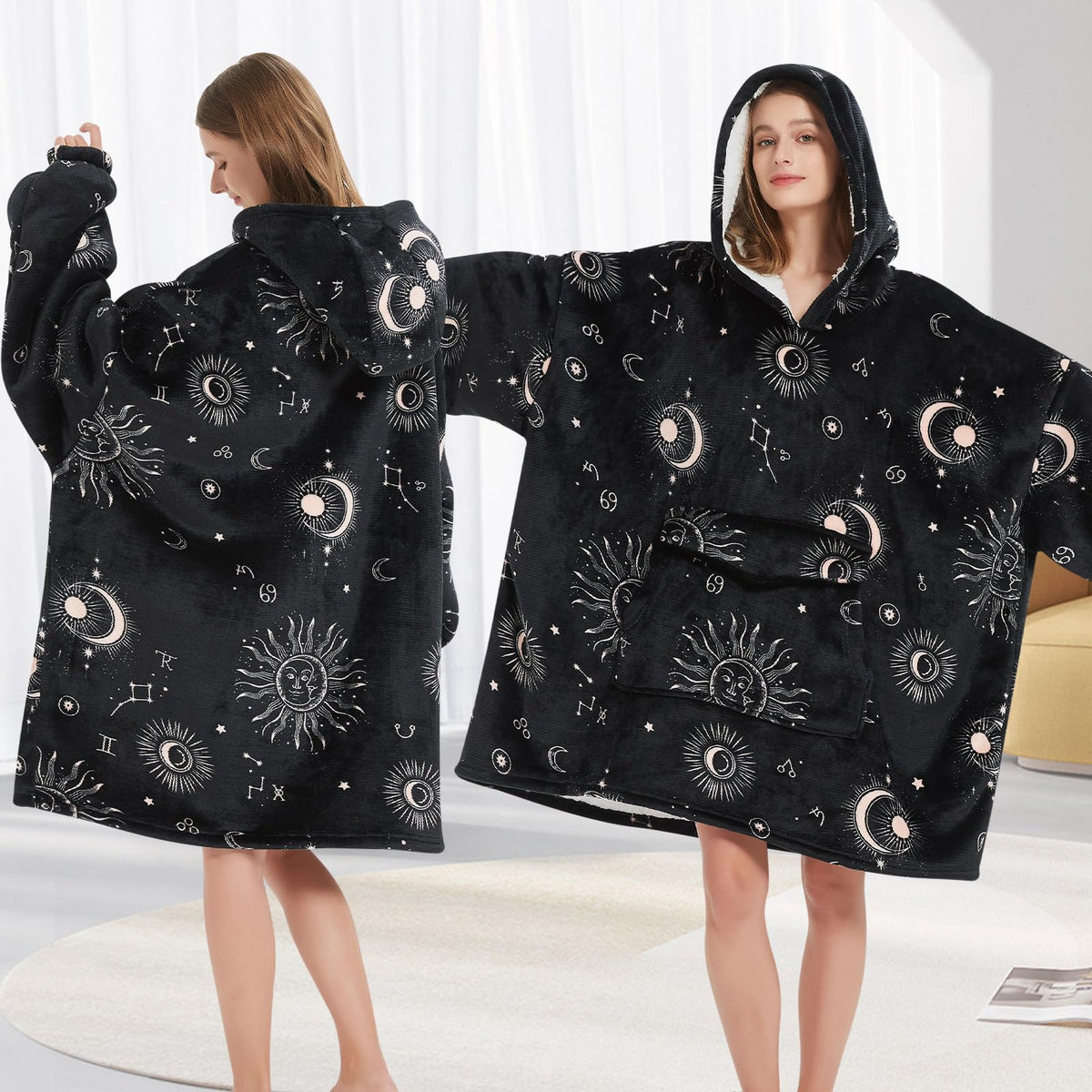 Fiosnow Sun and Moon Hoodie in a lounging setup on a sofa