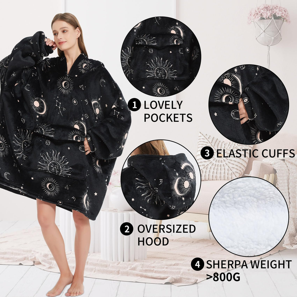 Fiosnow Sun and Moon Hoodie oversized fit draped over shoulders