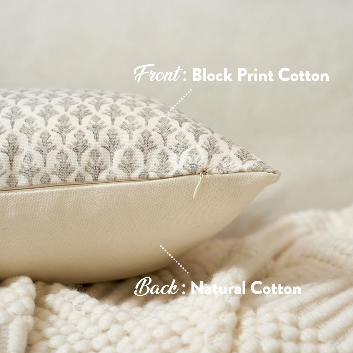 Fiouovo floral block print pillow cover enhances living room decor with artisan charm.
