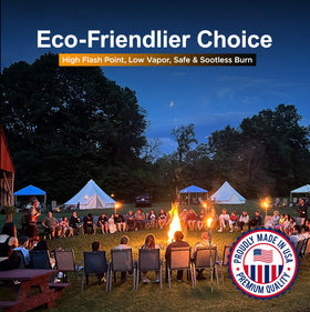 Tiki torch setup using Firefly citronella lamp oil for outdoor ambiance.
