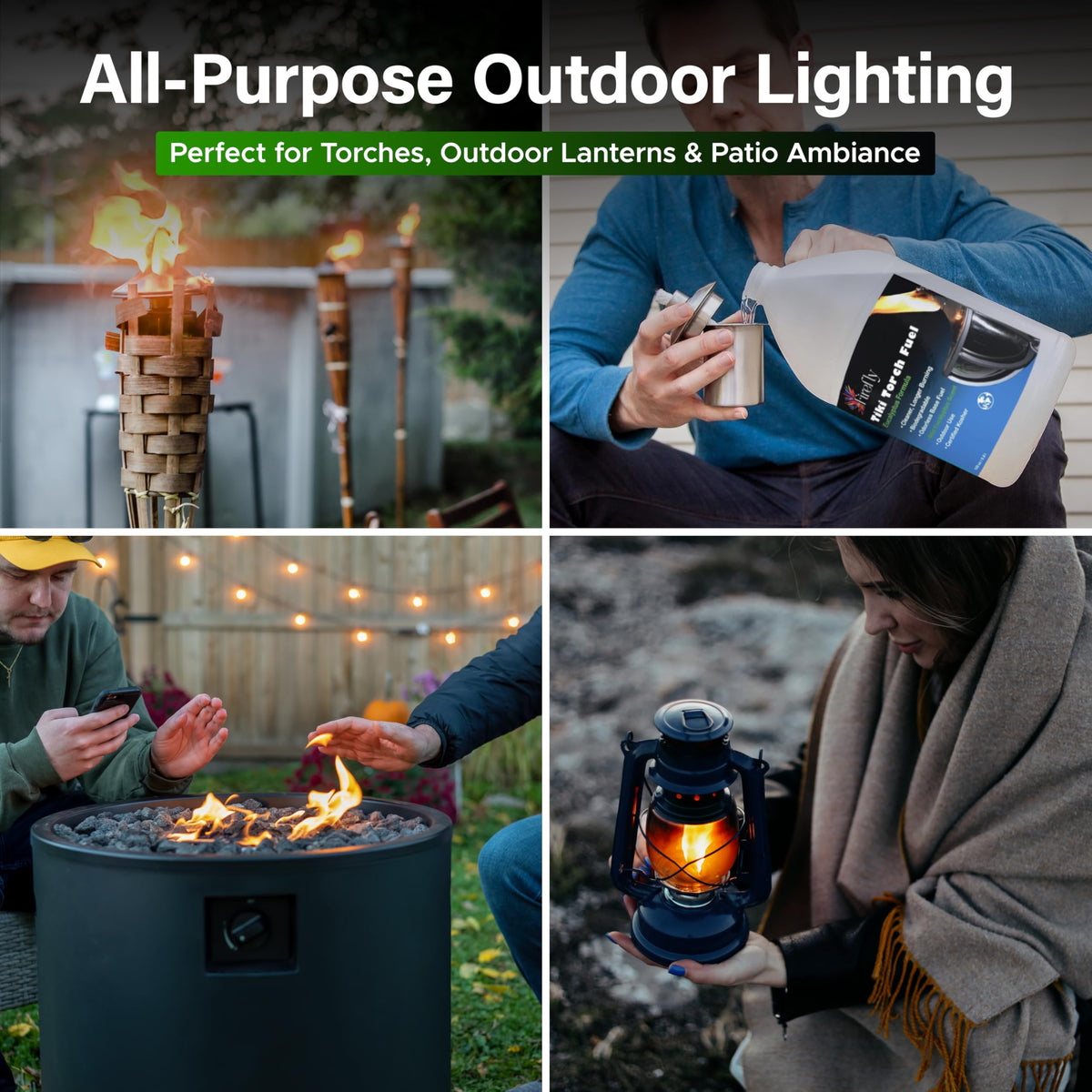 Firefly Eucalyptus Formula outdoor torch session conveys warm glow across a garden