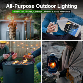 Firefly Eucalyptus Formula outdoor torch session conveys warm glow across a garden